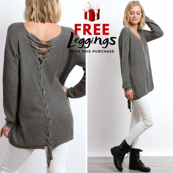 Boutique Sweaters - Lace Up Back Sweater Top - Grey